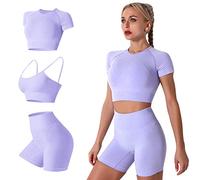 IMEKIS Femmes 3 PCS Gym Set Soutien-Gorge de Sport avec Crop Top et Shorts Sans Couture Yoga Vêtements Fitness Workout Outfit Dames Slim Fit Biker Activewear Running Survêtement Violet M