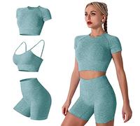 IMEKIS Femmes 3 PCS Gym Set Soutien-Gorge de Sport avec Crop Top et Shorts Sans Couture Yoga Vêtements Fitness Workout Outfit Dames Slim Fit Biker Activewear Running Survêtement Vert foncé L