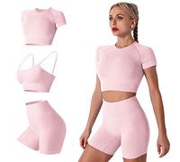 IMEKIS Femmes 3 PCS Gym Set Soutien-Gorge de Sport avec Crop Top et Shorts Sans Couture Yoga Vêtements Fitness Workout Outfit Dames Slim Fit Biker Activewear Running Survêtement Rose L