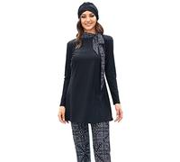 IMEKIS Femmes 3 pièces Musulmanes Maillot de Bain Modest Maillot de Bain Complet Burkini Islamique à Manches Longues Maillot de Bain avec Pantalon de Bain Hijab Ensemble Tankini Noir XL
