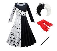 IMEKIS Filles Cruella Costume Mal Reine 101 Dalmatien Robe Carnaval Habillage avec Gants Perruque Film Personnage Fantaisie Halloween Fête d'anniversaire Ensemble Blanc 11-12 Ans