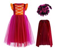 IMEKIS Filles Halloween Mal Sorcière Costume Princesse Winifred Sarah Mary Sanderson Fantaisie Cosplay S'habiller avec Cape à Capuche Perruque Tenue de Carnaval d'anniversaire Bourgogne 6-7 Ans