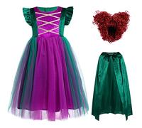 IMEKIS Filles Halloween Mal Sorcière Costume Princesse Winifred Sarah Mary Sanderson Fantaisie Cosplay S'habiller avec Cape à Capuche Perruque Tenue de Carnaval d'anniversaire Vert 11-12 Ans
