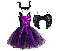 IMEKIS Filles Princesse Maléfique Habillage Reine du Mal Halloween Cosplay Costume Fantaisie Tulle Robe sans Manches Méchante Sorcière Carnaval De Noël Tenue de Fête Violet 10-12 Ans