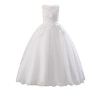 IMEKIS Robe de demoiselle d'honneur pour fille - Sans manches - Broderie florale - Dentelle - Tulle - Élégante - Pour anniversaire, fête, première communion, concours de beauté, bal, Blanc., 13-14 ans