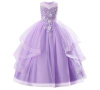 IMEKIS Robe de fête de mariage sans manches pour enfant fille - Robe de princesse en tulle à volants - Élégante - Pour anniversaire, communion, concours de beauté, bal, lilas, 11-12 ans