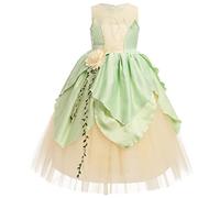 IMEKIS Robe de princesse pour fille Costume de grenouille Costume d'Halloween Costume de cosplay avec bandeau Accessoires pour enfant Costume de luxe Pour fête d'anniversaire, vert clair,