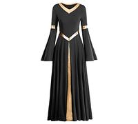 IMEKIS Robe liturgique pour femme - Épissure métallique - Robe de danse lyrique - Manches longues - Col en V - Décontractée - Longue jupe plissée - Robe de loisirs - Robe de prière - Salle de bal -