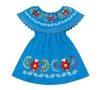 IMEKIS Robe mexicaine pour fille - Costume de fête des morts - Sans manches - Épaules dénudées - Broderie florale - Robes smockées - Costume Fancy Cinco De Mayo Fiesta, bleu, 5-6 ans