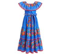 IMEKIS Robe mexicaine pour fille - Épaules dénudées - Imprimé floral - Volants - Maxi Boho - Robe d'été Cinco De Mayo Fiesta Senorita - Costume d'Halloween et de carnaval, bleu, 11-12 ans