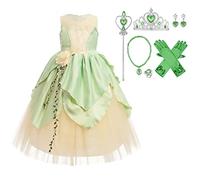 IMEKIS Robe tiana pour fille - Costume princesse grenouille - Costume d'Halloween - Cosplay - Noël - Carnaval - Robe de fête avec baguette magique - Bandeau - Pour enfants - Tenue d'anniversaire -