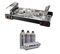 IMEX Réchaud à gaz double en acier inoxydable, 2 brûleurs, avec 4 cartouches de gaz