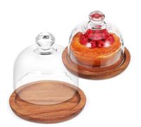 IMIKEYA Lot de 2 Assiettes à Gâteau en Verre avec Couvercle Dôme, Plateau en Bois Marron Robuste et Élégant, Maison Fêtes