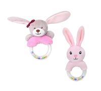 IMIKEYA Lot de 2 Hochets en Peluche Lapin Anneau à Main, Peluche Douce Rose, Taille Moyenne, Jouet Sensoriel Bébé pour Éveil Auditif Intérieur et Extérieur