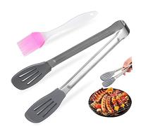 IMIKEYA Pince Alimentaire En Silicone 23 Cm Gris Acier Inoxydable Multifonction, Pince à Steak Réutilisable Et Pinceau à Huile De Cuisson En Silicone, Usage La Cuisine Maison Et Barbecue, Lot 2 Pièces