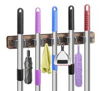 IMILLET Support mural pour balai en bois rustique avec 5 supports et 4 crochets, organisation et rangement de la buanderie pour décoration d'intérieur, jardin, garage, cuisine, placard