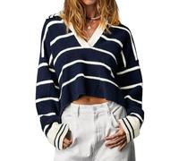 Imily Bela Pull rayé pour femme - Col en V - Pull en tricot - Col polo - Cropped - Ample, bleu, M