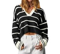 Imily Bela Pull rayé pour femme - Col en V - Pull en tricot - Col polo - Cropped - Ample, Noir , XL
