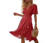 Imily Bela Robe d'été longue pour femme - Col en V - Robe d'été légère et sexy - Robe décontractée, rouge, M