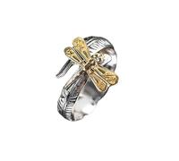 IMINI Bague réglable en forme de libellule vintage plaqué argent oxydé avec insectes dorés, bague ouverte empilable pour homme et femme, convient aux tailles 44 à 62, cadeau bijoux rétro
