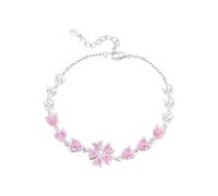 IMINI Bracelet en cristal de fleur de cerisier plaqué argent avec cœur rose CZ - 14 + 5 cm réglable - bijou délicat fleur - cadeau romantique pour femme et amoureux