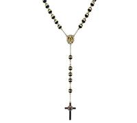IMINI Collier Chapelet Croix Catholique avec Perles Noires Plaqué Or Acier Inoxydable Crucifix et Médaille Saint Benoît - Bijou de Prière Religieuse pour Communion, Baptême, Messe, Bible, Chaîne 76cm