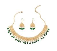 IMINI Ensemble Bijou Indien Collier Ras-De-Cou Et Boucles Jhumka - Plaqué Or Avec Pampilles En Boules - Style Vintage Bohème Fleur Festif Bollywood - Idéal Mariage Et Diwali Pour Femme (Vert)