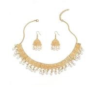IMINI Ensemble Bijou Indien Collier Ras-De-Cou Et Boucles Jhumka - Plaqué Or Avec Pampilles En Boules - Style Vintage Bohème Fleur Festif Bollywood - Idéal Mariage Et Diwali Pour Femme (Blanc)