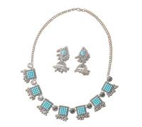 IMINI Ensemble boucles d'oreilles et collier ras du cou Jhumki plaqué argent rectangulaire pour femme - Bijoux traditionnels indiens vintage pour fête de mariage, design Bollywood antique avec pompon