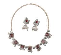 IMINI Ensemble boucles d'oreilles et collier ras du cou Jhumki plaqué argent rectangulaire pour femme - Bijoux traditionnels indiens vintage pour fête de mariage, design Bollywood antique avec pompon