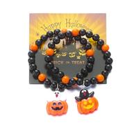 IMINI Lot de 2 bracelets de perles d'Halloween - Bande en caoutchouc réglable de 18 cm avec breloques citrouille, fantôme, chat noir, chapeau de sorcière, bijoux effrayants pour femmes et hommes
