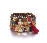 IMINI Lot De 4 Bracelets Empilables Bohèmes Pour Homme Et Femme Extensible Perles Colorées Arbre De Vie Fait à La Main Bijoux Hippie Délicats Pour Une Meilleure Amie Taille (rouge)