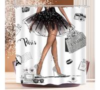 Imirell Rideau de douche tendance 152,4 x 183 cm - Pour femme - Noir blanc gris - Élégant - Moderne - Parfum - Robe à talons et fleurs - Tissu en polyester imperméable - Avec 12 crochets en plastique