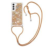 IMIRST Étui Cordon Compatible avec Samsung S23 Silicone Liquide Scintillant Coque Kawaii Résistante aux Chocs avec Collier pour Samsung Galaxy S23. LP Love Gold