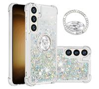 IMIRST Etui de Téléphone pour Samsung Galaxy S25 FE, Support pivotant Bling Paillettes Liquidsands étincelle Coque Diamant Anti-Chocs pour Samsung S25 FE. YBK Love Silver