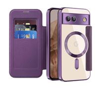 IMIRST Étui Magnétique pour Google Pixel 8A, [Compatible avec MagSafe] [Blocage RFID] Housse à Rabat en Cuir Coque de Téléphone Transparente Antichoc pour Google Pixel 8A, WD Purple