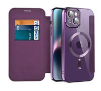 IMIRST Étui Magnétique pour iPhone 14, [Compatible avec MagSafe] [Blocage RFID] Housse à Rabat en Cuir Coque de Téléphone Transparente Antichoc pour Apple iPhone 14, WD Purple