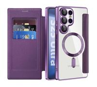 IMIRST Étui Magnétique pour Samsung Galaxy S22 Ultra, [Compatible avec MagSafe] [Blocage RFID] Housse à Rabat en Cuir Coque de Téléphone Transparente Antichoc pour Samsung S22 Ultra, WD Purple