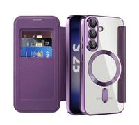 IMIRST Étui Magnétique pour Samsung Galaxy S25, [Compatible avec MagSafe] [Blocage RFID] Housse à Rabat en Cuir Coque de Téléphone Transparente Antichoc pour Samsung S25 5G, WD Purple