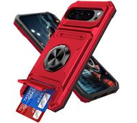 IMIRST Étui Portefeuille pour Google Pixel 9/9 Pro avec Porte-Cartes (2 Cartes), Anneau Rotatif Support, Protection Antichoc de Qualité Militaire, étui Magnétique pour Google Pixel 9, LM Rouge