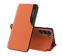 IMIRST Étui Smart View pour Samsung S25 FE 5G Leather Flip Cover with Kickstand Stylish Mirror Clear Display Half Window Phone Shell for Samsung Galaxy S25 FE 5G. QHA: Orange