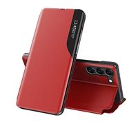 IMIRST Étui Smart View pour Samsung S25 FE 5G Leather Flip Cover with Kickstand Stylish Mirror Clear Display Half Window Phone Shell for Samsung Galaxy S25 FE 5G. QHA: Red