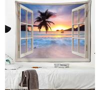 Imitation Fenêtre Plage Forêt Tapisserie Lever Du Soleil Sur La Mer Tenture Bohème Paysage Style Mandala Décor À La Maison 150X100cm