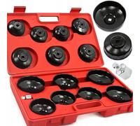 IMJ-Global Jeu de clés à tasse pour filtre à huile | 15 pièces | Adaptateur 1/2" | 14 côtés 65-90 mm | 15 côtés 74-100 mm | 30 côtés 76 mm | 36 côtés 93 mm | avec mallette