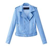 IMJONO Blouson de Motard Femme Veste Moto - Zip Perfecto Court en Similicuir avec Ceinture - Court Manteau Femme Pas Cher Veste en Imitation Cuir Printemps Automne Blouson Cuir Femme(Bleu,L