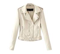 IMJONO Blouson de Motard Femme Veste Moto - Zip Perfecto Court en Similicuir avec Ceinture - Court Manteau Femme Pas Cher Veste en Imitation Cuir Printemps Automne Blouson Cuir Femme(Blanc,XL