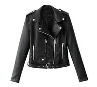 IMJONO Blouson de Motard Femme - Veste Moto Zip Perfecto Court en Similicuir avec Ceinture - Manteau Pas Cher en Imitation Cuir Printemps Automne (Noir, M)