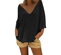 IMJONO Été 2019 Haut Femme Sexy Chic Grand col en v Caftan Boho Plage Couverture Grande Taille Dames Robe Baggy Vintage Hippie Top Sexy Couleur Unie Manche Chauve-Souris T-Shirt(Noir,XXL)