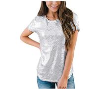 IMJONO Été Tops Femmes Sexy Paillette Loose Sequin Glitter Manche Court Blouses Summer Casual Multicolore T-Shirts La Danse Court Nombril Haut （W-c-Gris，XXL）
