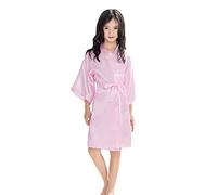 IMJONO Kimono Robe Filles, Filles Enfant Garçon Chemises de Nuit Couleur Unie, Robe Peignoir en Satin Pyjamas Natation Anniversaire de Mariage Peignoir（Rose,8-9 Ans